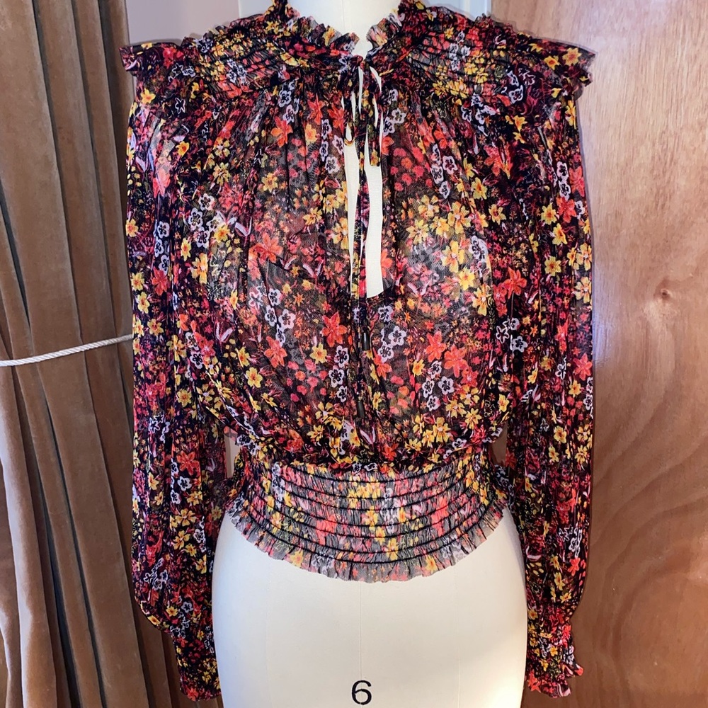 Free People Twyla Smocked Floral Mesh Top